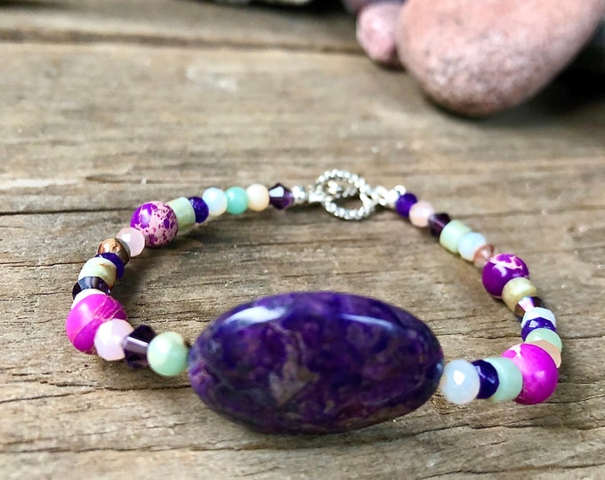 Snakeskin Jasper Crazy Lace Agate Ocean Jasper Quartz Crystal and Amethyst Bracelet - 8 inch*