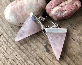 Rose Quartz & Silver Earrings, Pink Quartz Gemstone Earrings, Pink Heart Chakra Jewelry, Boho Triangle Healing Crystal Earrings, Love