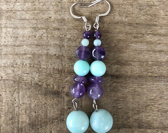 Blue Amazonite & Purple  Amethyst Earrings - 2.5 inch