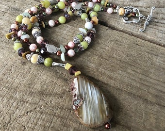 Freshwater Pearl Jade Crystal Quartz Agate Necklace, Boho Handmade Beaded Gemstone Statement Necklace, Anniversary Gift for Girlfriend