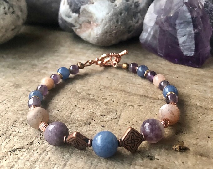 Amethyst Sodalite Sunstone Lepidolite & Rose Gold Bracelet - 8 inch*