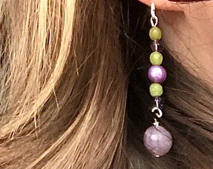 Lepidolite, Pearl & Peridot Earrings - 2 inch