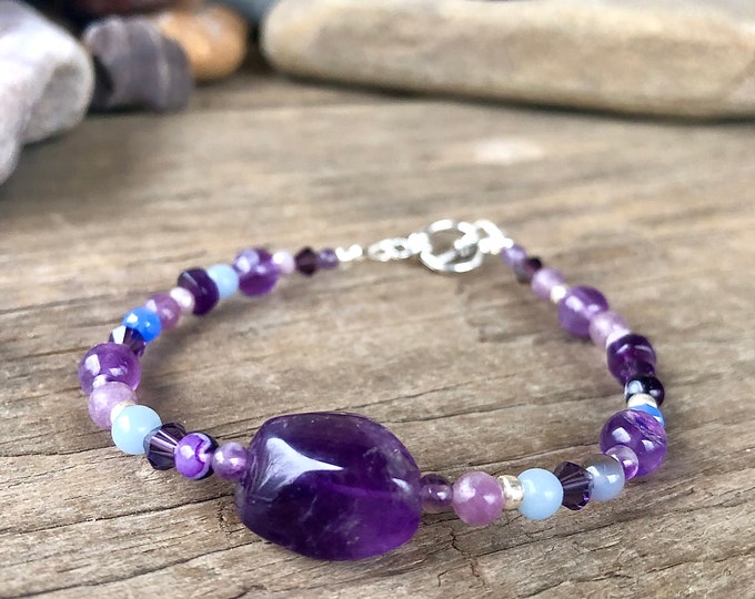 Amethyst Lepidolite Larimar & Quartz Crystal Bracelet