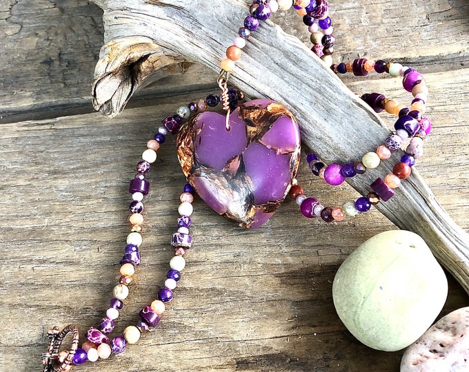 Ocean Jasper & Copper Bornite Heart Pendant, Quartz Crystal, and Amethyst Necklace