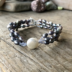 Peacock Pearl Cuff Bracelet, Boho Birthstone Crown Chakra Jewelry, Vintage Inspired Beaded Pearl Bracelet, Anniversary Gift for Her
