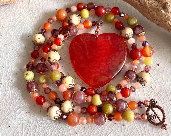 Agate Heart, Carnelian, Jade, Quartz Crystal & Lepidolite Necklace