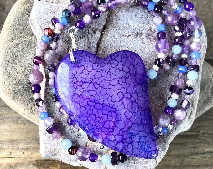 Agate Heart Pendant, Amethyst, Lepidolite, Larimar & Quartz Crystal Necklace