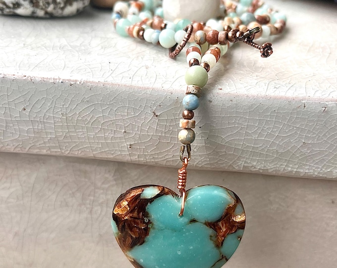 Jasper Bornite Heart Pendant, Quartz Amazonite Lepidolite Necklace