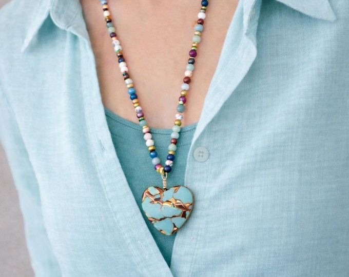 Jasper Bornite Heart Pendant, Quartz Amazonite Lepidolite Necklace