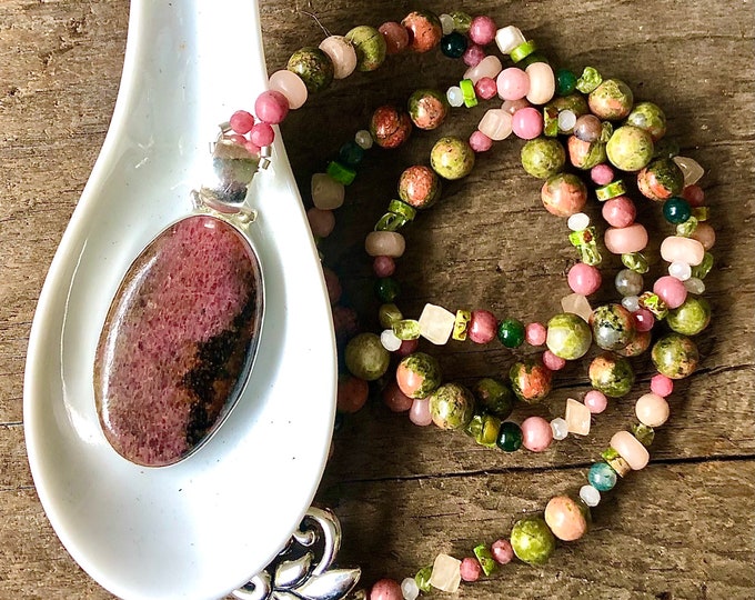 Unakite Jasper Quartz Crystal Rhodonite & Rose Quartz Necklace - 28 inch