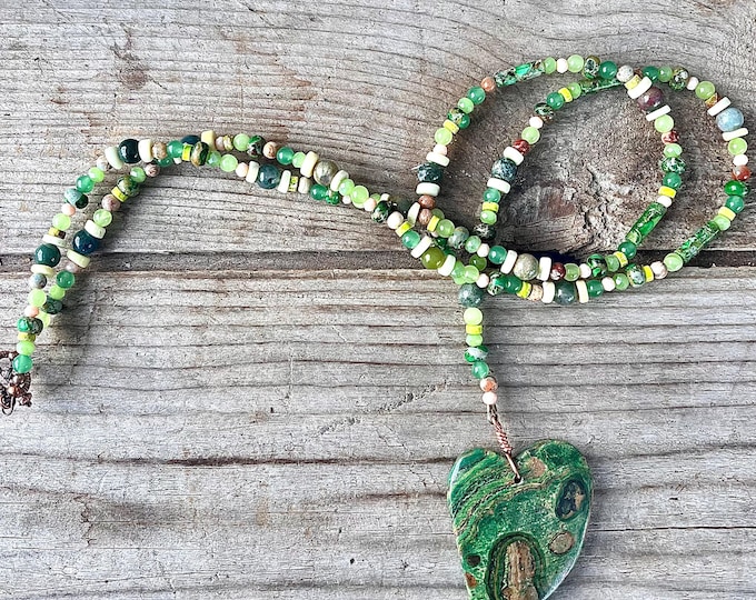 Kambaba Jasper Heart with Aventurine, Quartz Crystal, and Moss Agate Necklace