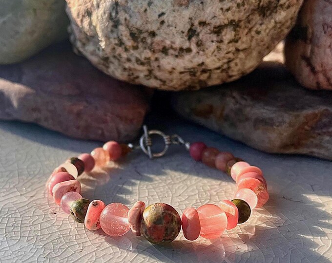 Pink Rhodonite & Cherry Quartz Bracelet, Boho Healing Crystal Jewelry, BFF 30th Birthday Gift for Wife, Art Deco Bracelet, Statement Jewelry