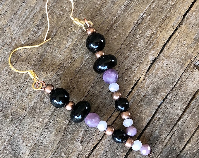 Black Onyx, Lepidolite & Quartz Crystal Earrings