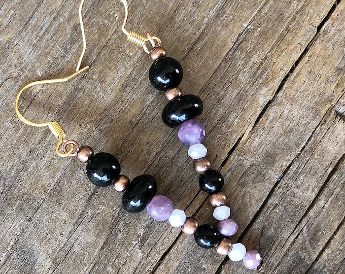 Black Onyx Lepidolite & Quartz Crystal Earrings - 2 inch