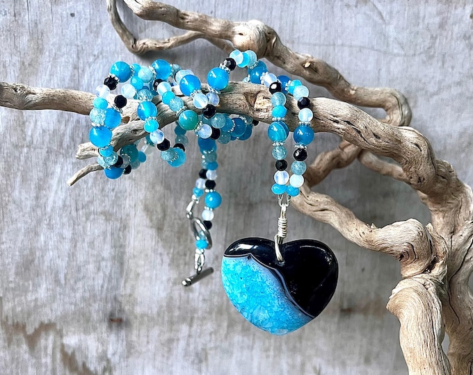 Onyx, Agate Druzy, Angelite, Opal & Quartz Crystal Necklace