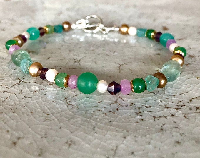 Green Aventurine Apatite Crystal Pearl & Lepidolite Bracelet - 8 inch*