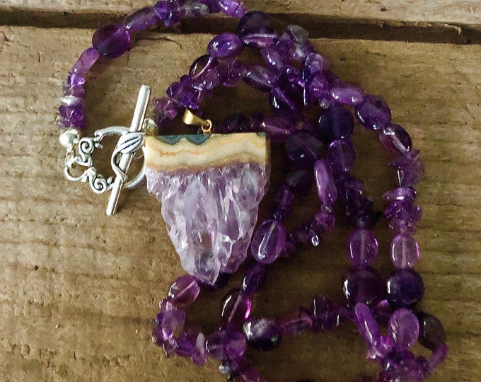 Raw Amethyst Pendant & Pearl Necklace - 20 inch