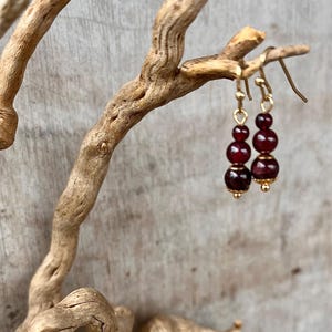 May include: A pair of dangle earrings with three burgundy red gemstone beads on each earring. The earrings are hanging from a gold wire and have gold accents.