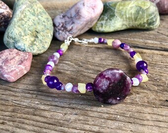 Lepidolite Amethyst & Jasper Beaded Bracelet, Boho Healing Jewelry
