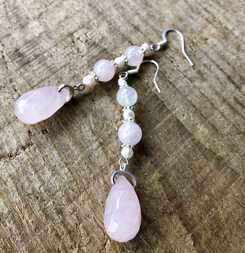 Pure Love Lucky Pink Quartz Gemstone Earrings Rose Quartz /& Pearl Earrings Mom Gift for Her Boho Pink Heart Chakra Jewelry