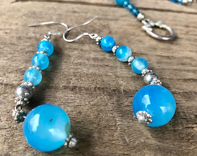 Blue Agate & Silver Earrings - 3 inch