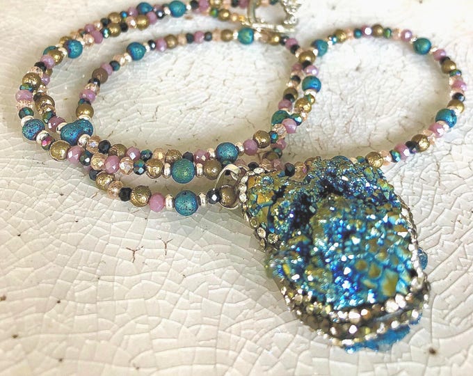 Titanium Agate Druzy & Quartz Crystal Necklace