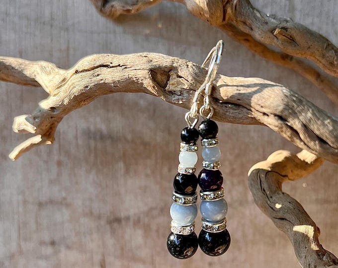 Black Onyx, Angelite & Crystal Earrings