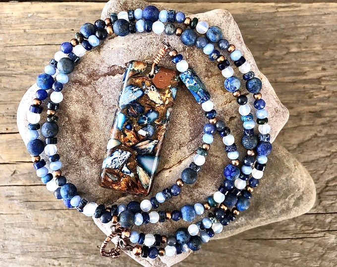 Ocean Jasper & Copper Bornite, Lapis Lazuli, Opal, and Quartz Crystal Necklace