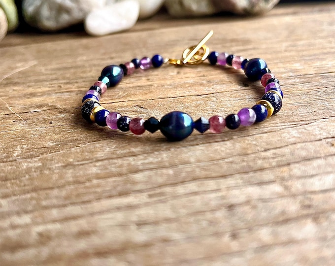 Pearl, Lapis Lazuli, Amethyst, Lepidolite, Blue Sandstone & Quartz Crystal Bracelet