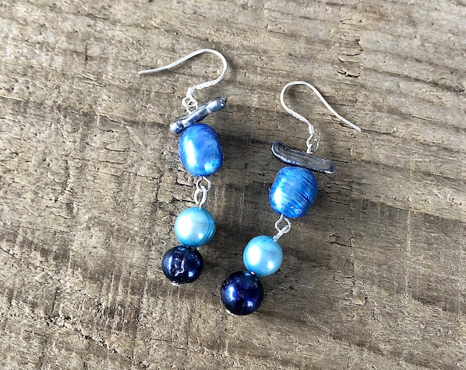 Blue Freshwater Pearl Earrings - 1.5 inch