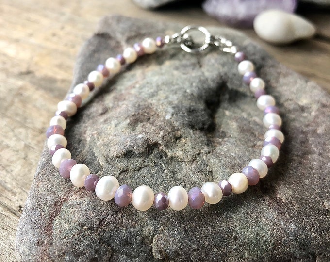 White Pearl & Lavender Quartz Crystal Bracelet