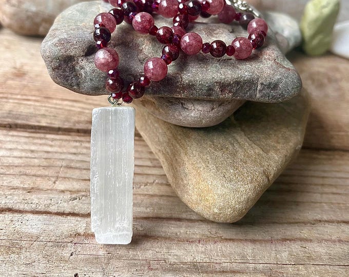 Garnet, Lepidolite, Quartz Crystal & Selenite Necklace