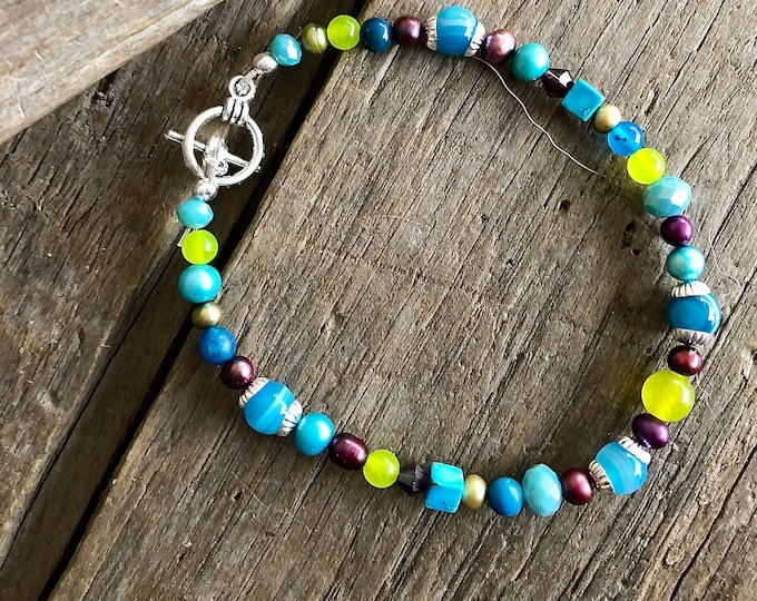 Blue Agate, Green Peridot, Purple Pearl & Aqua Quartz  Crystal Bracelet