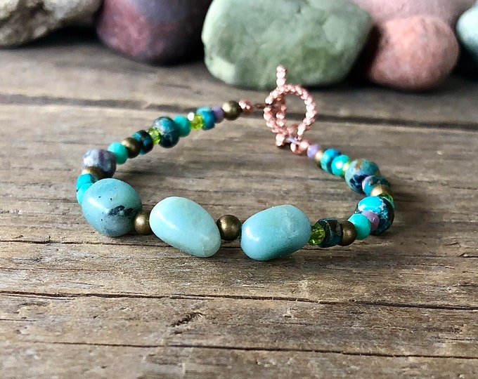 Turquoise, Jasper, Aquamarine, Bronze & Quartz Crystal Bracelet