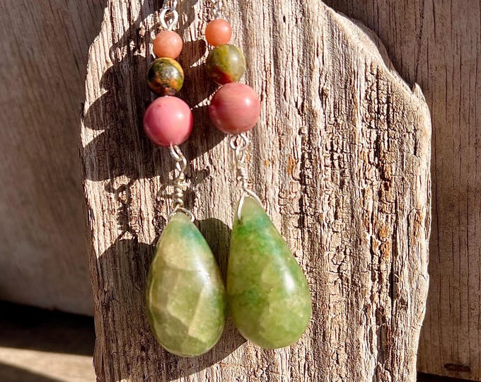 Unakite Rhodochrosite & Jade Earrings