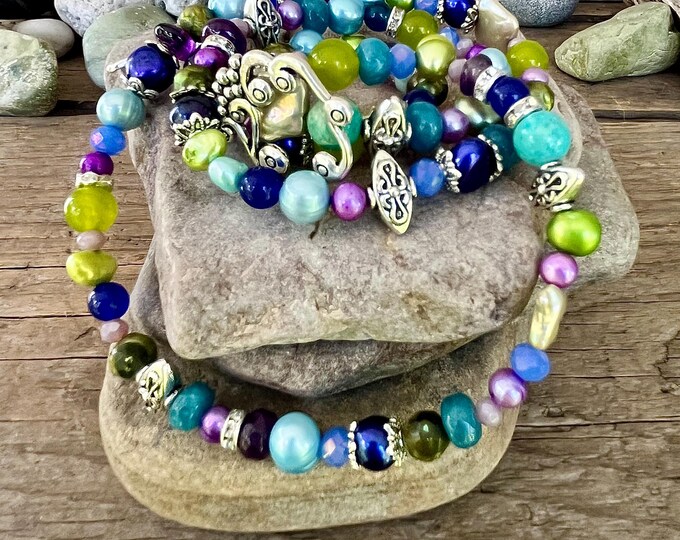 Freshwater Pearl, Lapis Lazuli, Quartz Crystal &  Silver Necklace