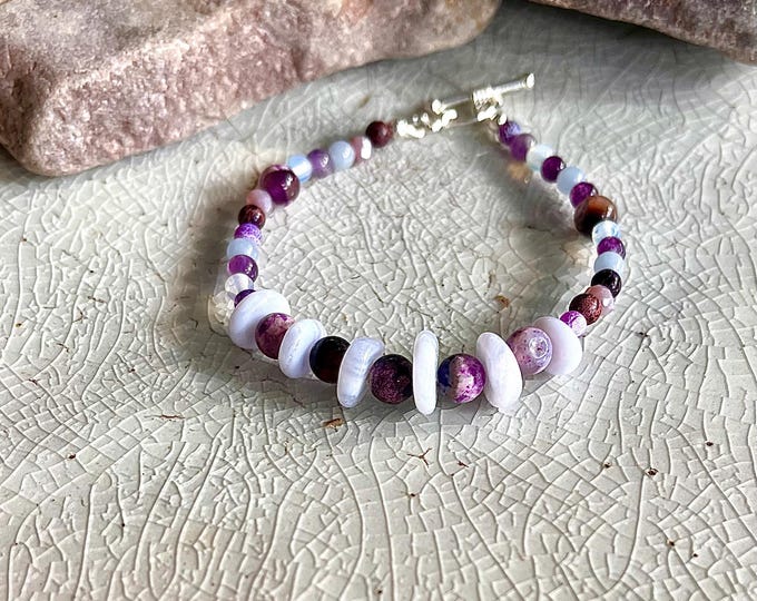 Elegant Blue Agate, Lepidolite & Amethyst Bracelet