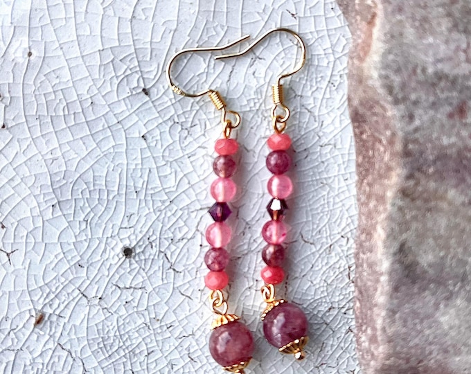 Lepidolite Rose Quartz & Quartz Crystal Earrings