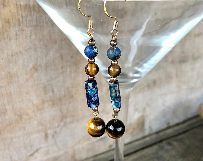 Gold Tiger Eye Blue Jasper  & Copper Earrings