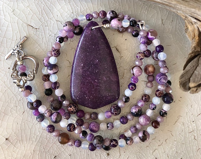 Purple Lepidolite, Jasper, Agate, Opal & Quartz Crystal Necklace