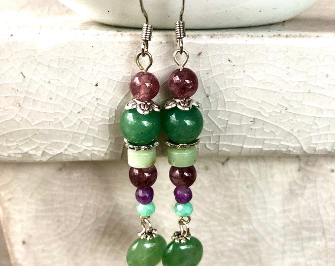 Purple Lepidolite Jasper Quartz Crystal & Green Aventurine Earrings, Lucky Green Gemstone Jewelry, Girlfriend 30th Birthday Gift for Mom