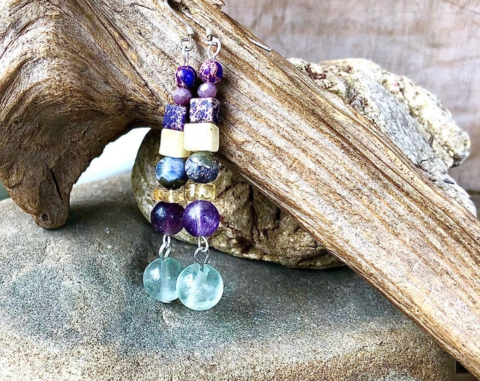 Fluorite, Quartz Crystal, Citrine & Jasper Earrings
