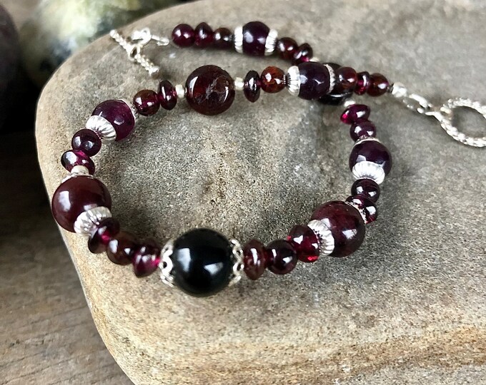 Rich Red Garnet & Silver Gemstone Bracelet - 8 inch*