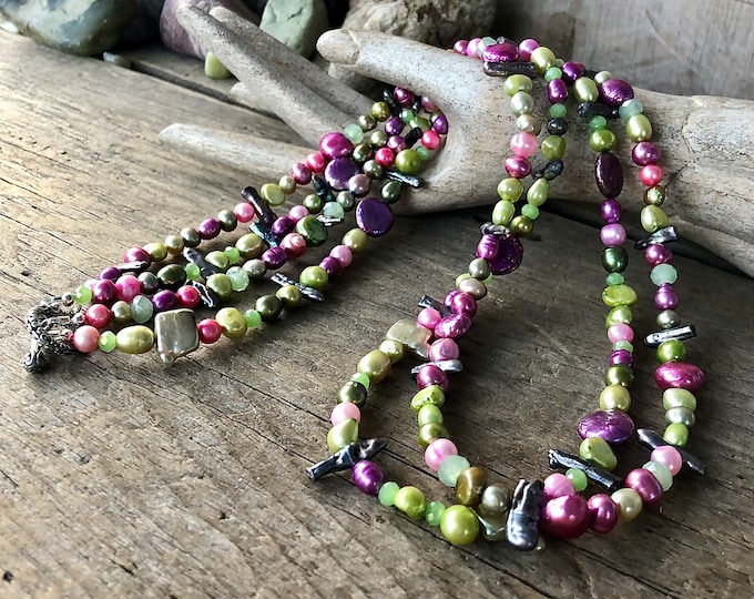 Green & Pink Freshwater  Pearl Necklace - 26 inch