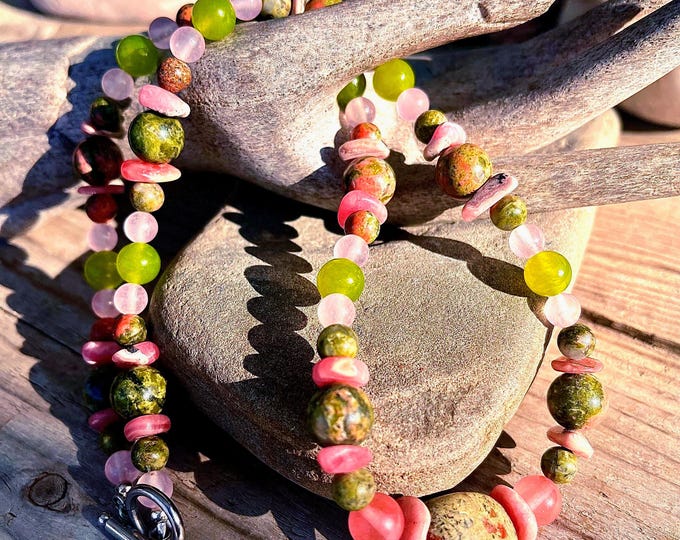 Unakite Rose & Cherry Quartz Rhodochrosite and Peridot Necklace, Boho Gift for Girlfriend 30th Birthday, Gemstone Statement Jewelry