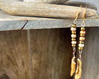 Copper & Gold Freshwater Pearl Dangle Earrings, Boho Statement Jewelry