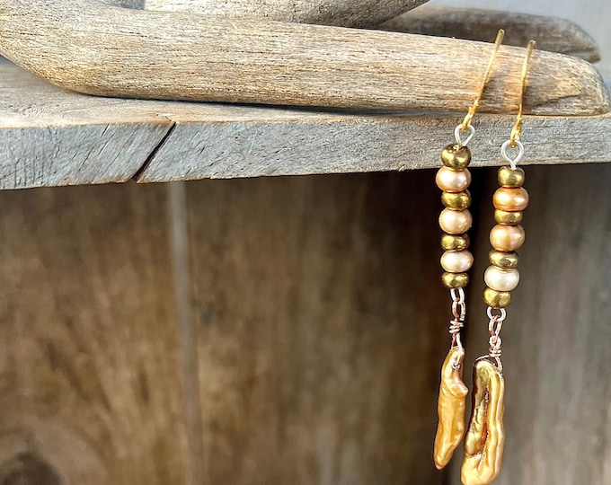 Copper & Gold Freshwater Pearl Drop Earrings