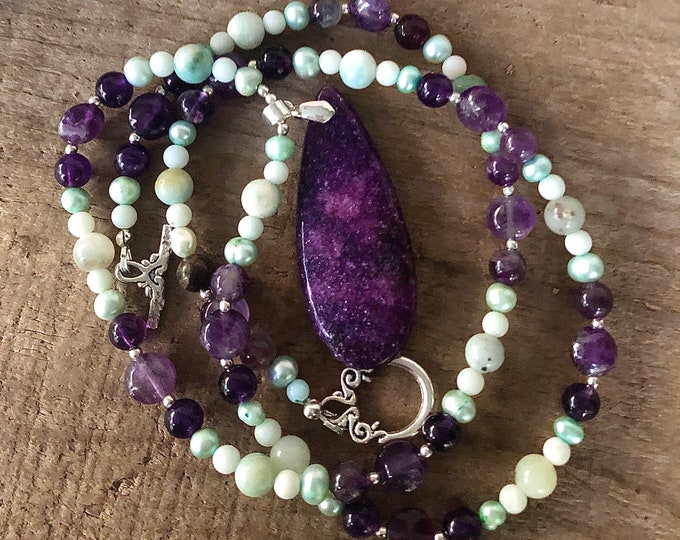 Lepidolite, Amethyst, Freshwater Pearl, & Amazonite Necklace, Boho Handmade Fashion Trend Statement Jewelry, 6thAnniversary Gift for Girlfriend