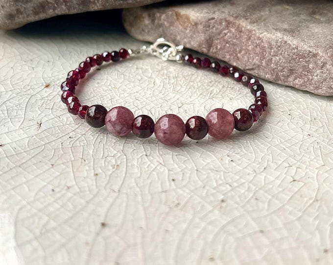 Deep Red Garnet Lepidolite & Quartz Crystal Gemstone Bracelet