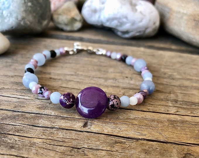 Lepidolite Angelite Agate & Quartz Crystal Bracelet